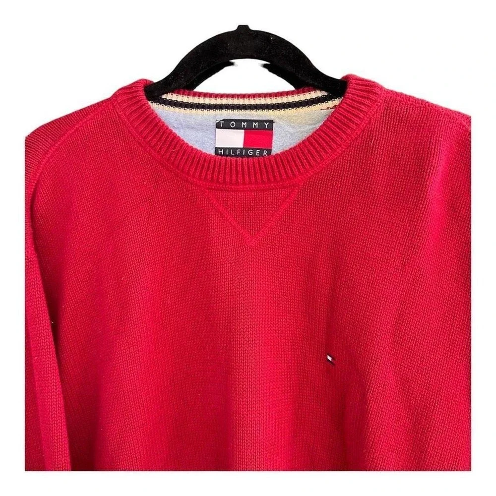Tommy Hilfiger Mens Red Cotton Knit Crewneck Sweater Large Flag Logo Pullover